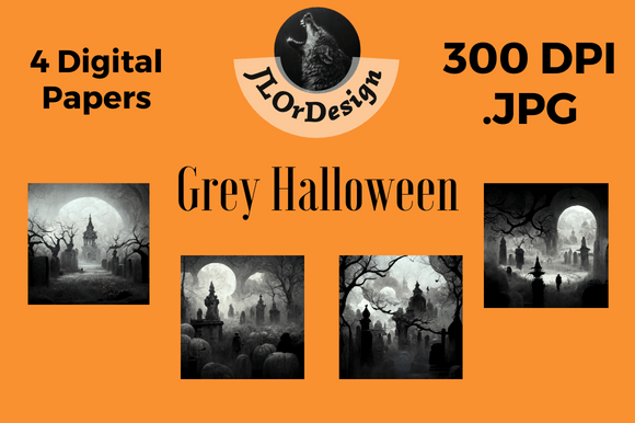 4 Grey Halloween Digital Papers: Elegant Spooky Design Assets